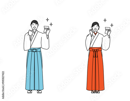 預金通帳を見て喜ぶ神社の神主と巫女
