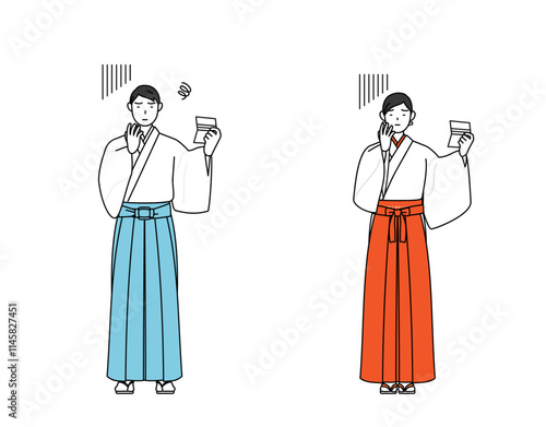 預金通帳を見て落ち込む神社の神主と巫女