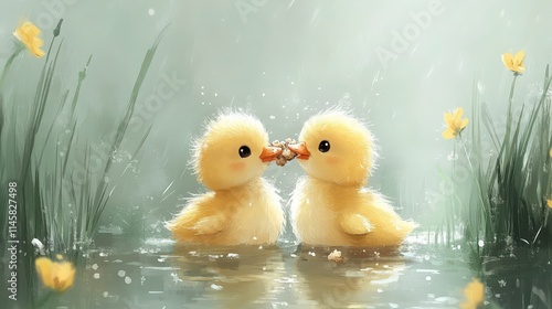 Adorable Ducklings Sharing a Treat in a Serene Pond Setting Surrounded by Gentle Rain and Lush Greenery Creating a Heartwarming Nature Scene