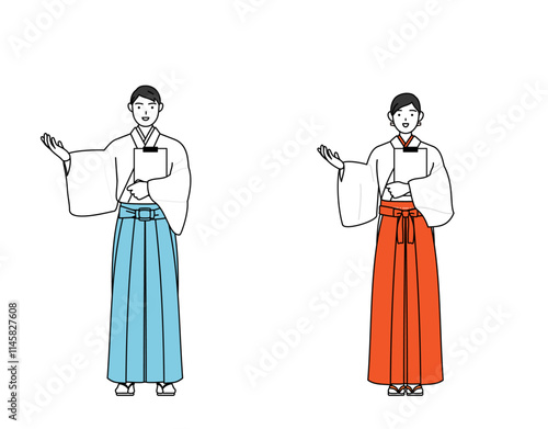 クリップボードを持って手を広げる神社の神主と巫女