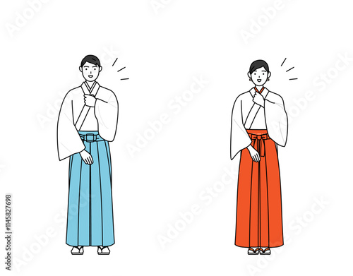 胸を叩く神社の神主と巫女