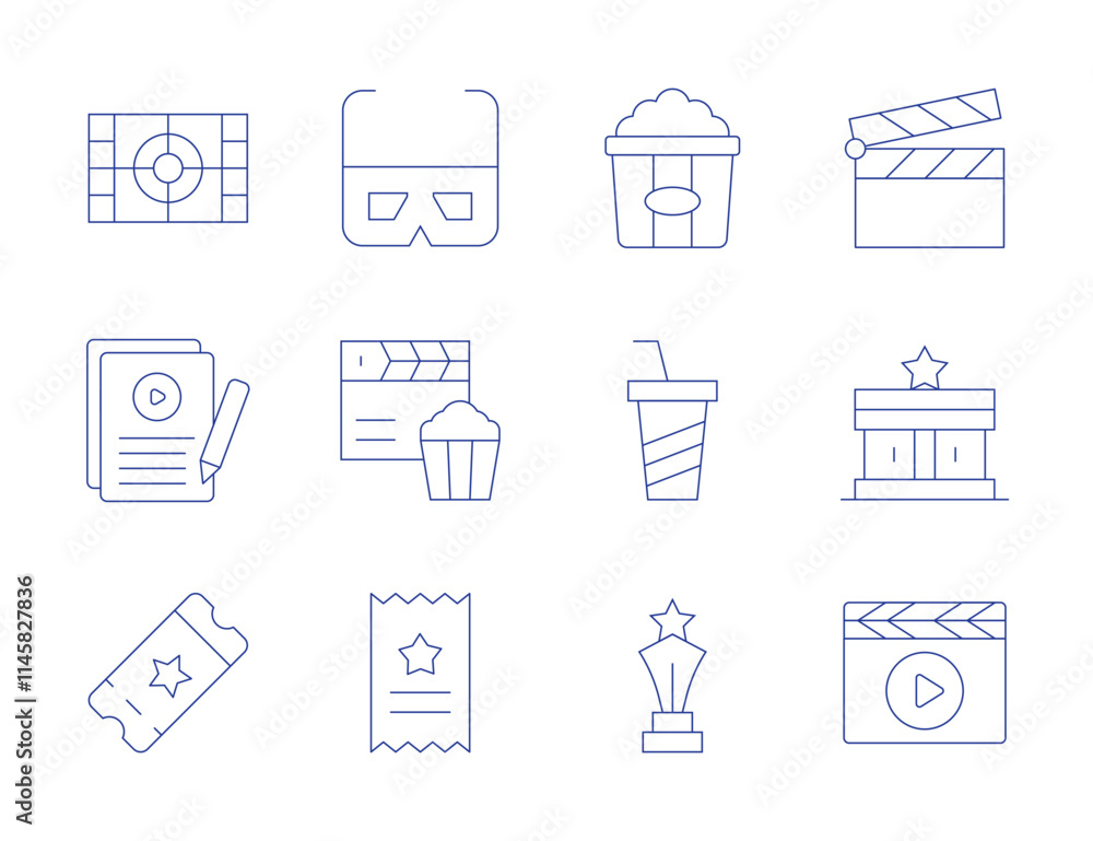 Cinema icons. Thin Line style, editable stroke. d glasses, cinema, clapperboard, movie, popcorn, script, soft drinks, ticket, trophy Cinema icons. Thin Line style, editable stroke. d glasses, cinema, clapperboard, movie, popcorn, script, soft drinks, ticket, trophy