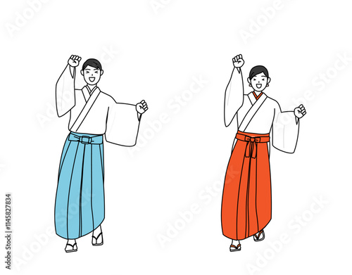 軽やかに喜んでジャンプする神社の神主と巫女