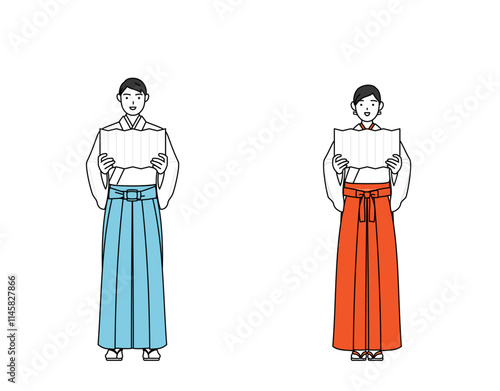 祝詞を奏上する神社の神主と巫女