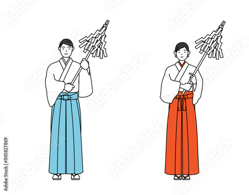 御祈祷する神社の神主と巫女