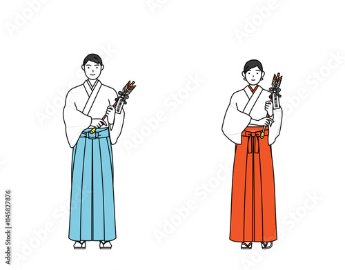 破魔矢を持つ神社の神主と巫女