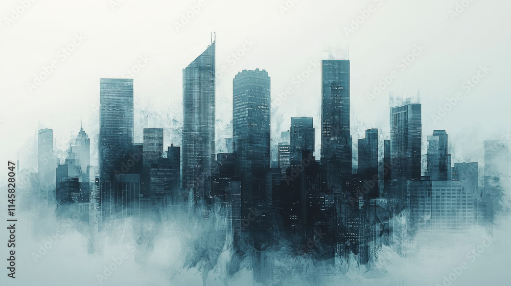 Fototapeta premium Cityscape Painting: Urban Skyline, Abstract Art, Blue Hues, Modern Architecture