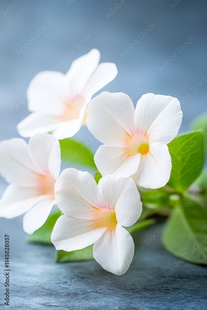 Delicate white flowers with subtle pink hues are arranged against a soft blue background, ideal for use in invitations, wedding decor, or nature-themed projects Delicate white flowers with subtle pink hues are arranged against a soft blue background, ideal for use in invitations, wedding decor, or nature-themed projects