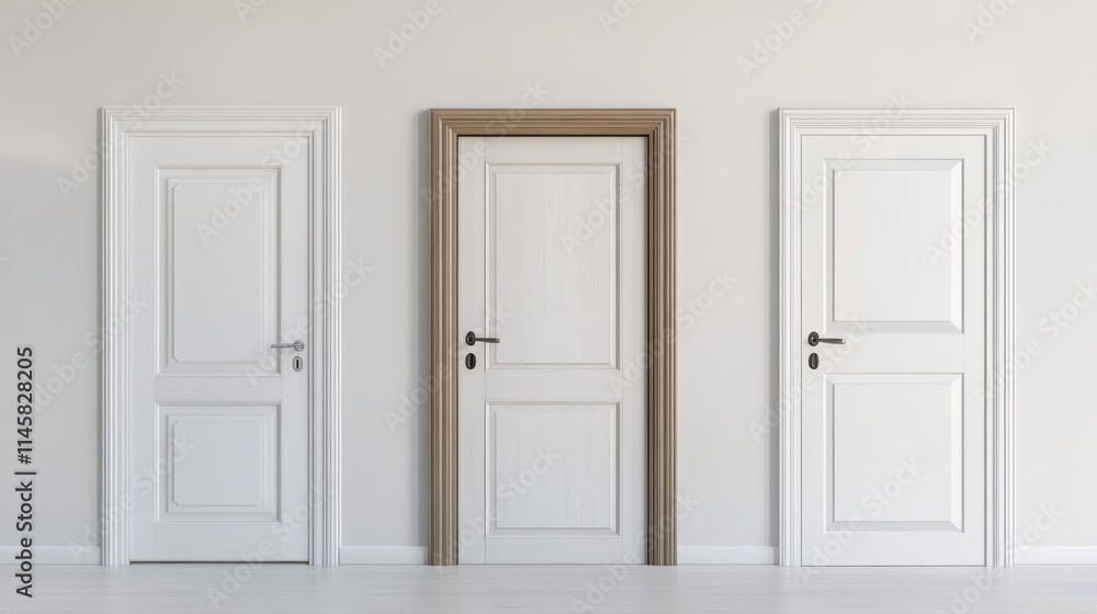 White wooden door for front entrance or inside house, apartment or office. 3d wood door with handle and frame in open, closed and ajar position, vector realistic set isolated on white background White wooden door for front entrance or inside house, apartment or office. 3d wood door with handle and frame in open, closed and ajar position, vector realistic set isolated on white background