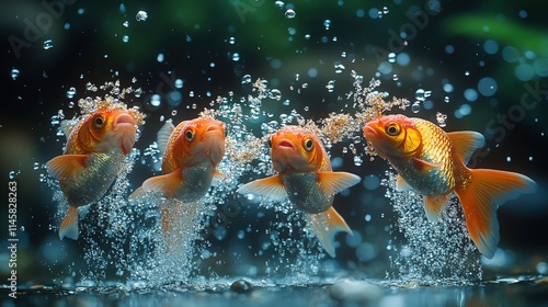 Captivating Scene of Vibrant Goldfish Jumping Through Bubbles Underwater in a Serene Aquatic Environment, Showcasing Their Dynamic Movement and Playful Nature