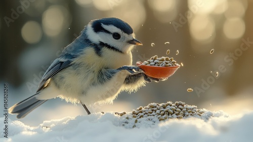 Charming Blue Tit Bird Feeding from a Bowl in Snowy Landscape with Soft Background Light Creating a Serene Winter Scene