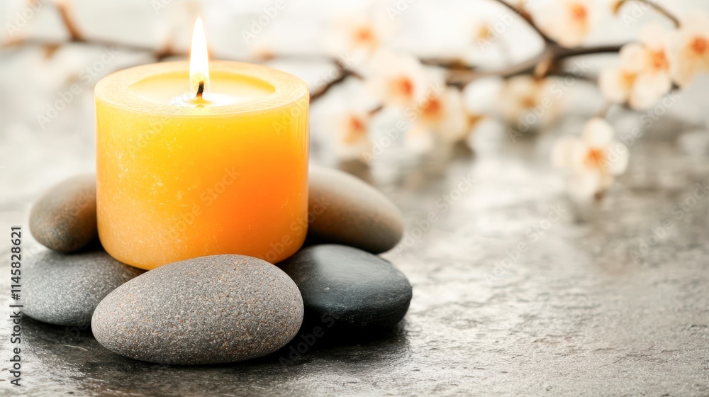 A serene setting featuring a lit yellow candle surrounded by smooth stones, with delicate blossoms in the background, Ideal for wellness, relaxation A serene setting featuring a lit yellow candle surrounded by smooth stones, with delicate blossoms in the background, Ideal for wellness, relaxation