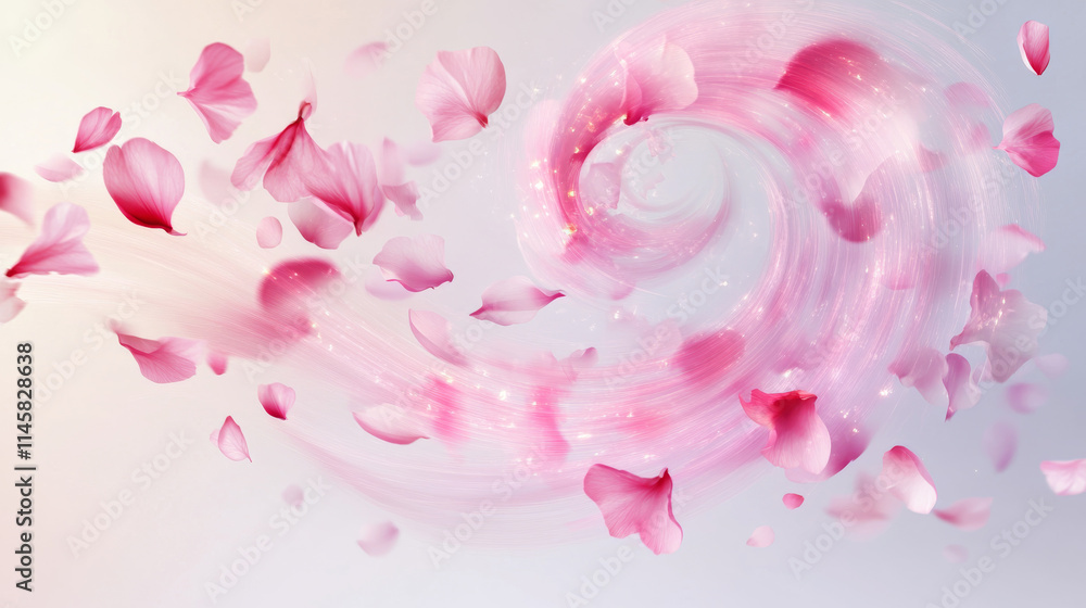 Fototapeta premium Wind swirls with flower pink petals isolated on transparent background. Vector realistic illustration of spiral air vortex with flying blossom petals, magic dust splash