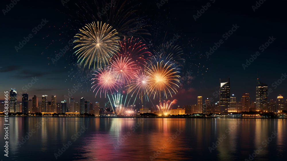 Fantastic fireworks over the river with cityscape at night scene background
Fantastic fireworks over the river with cityscape at night scene background