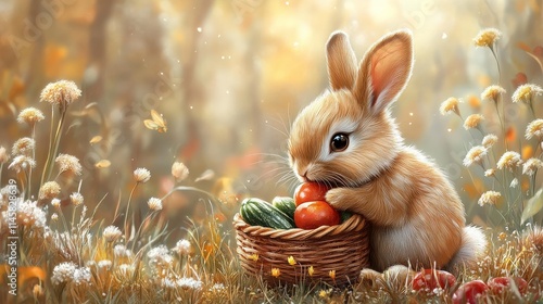 Cute fluffy rabbit holding vegetables in a picturesque autumn setting with soft golden light, capturing the essence of nature and playful innocence in a serene environment