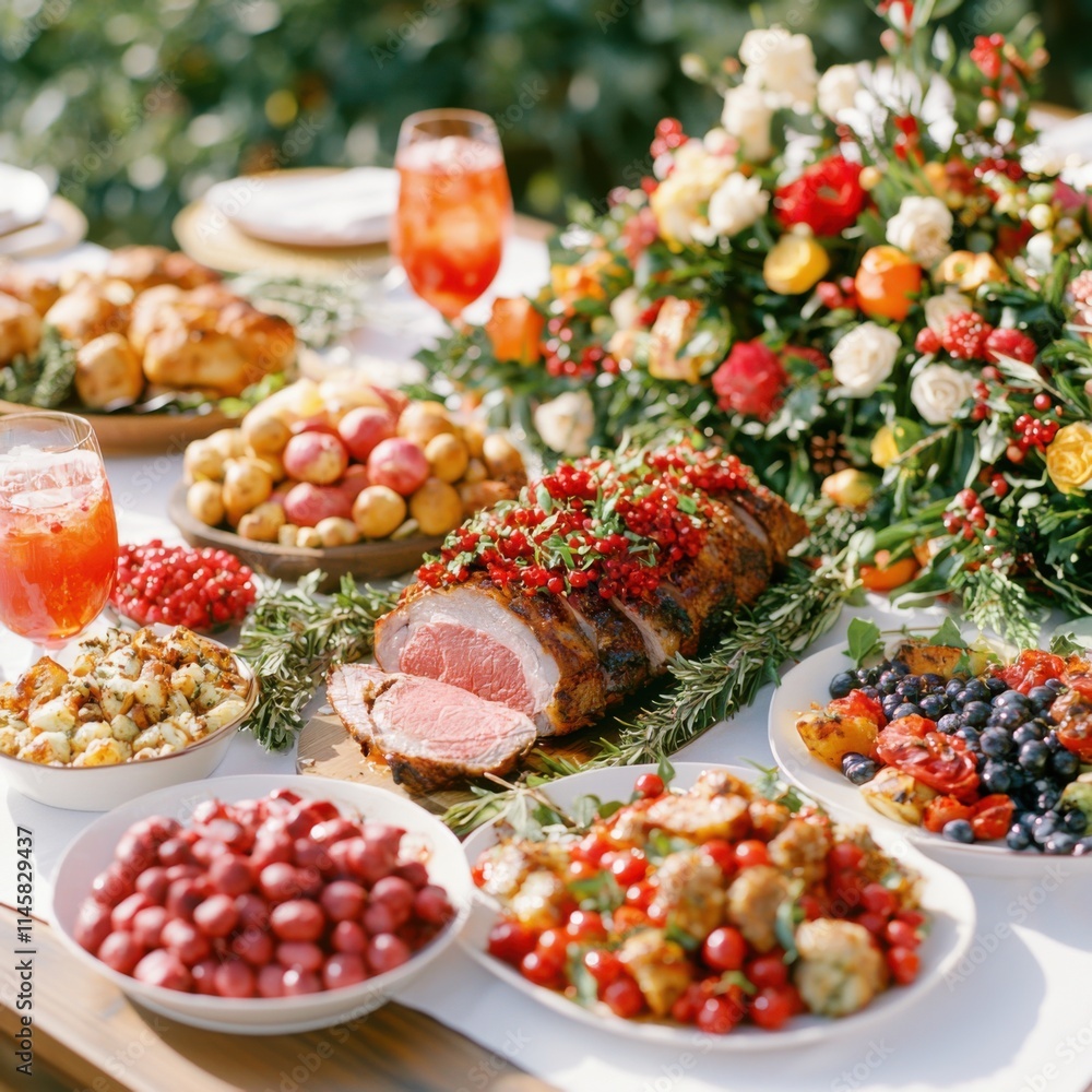 Festive Table Spread with Meat Dish and Colorful Side Dishes Festive Table Spread with Meat Dish and Colorful Side Dishes