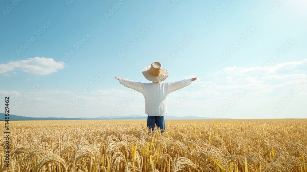Person in a White Shirt and Large Hat Standing with Outstretched Arms Among Golden Wheat Fields Under a Clear Blue Sky Celebrating Nature and Harvest Person in a White Shirt and Large Hat Standing with Outstretched Arms Among Golden Wheat Fields Under a Clear Blue Sky Celebrating Nature and Harvest