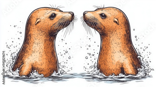 Playful Interaction Between Two Adorable Seals in a Whimsical Illustration, Capturing Their Curious Expressions and Energetic Movements in Water Splashing