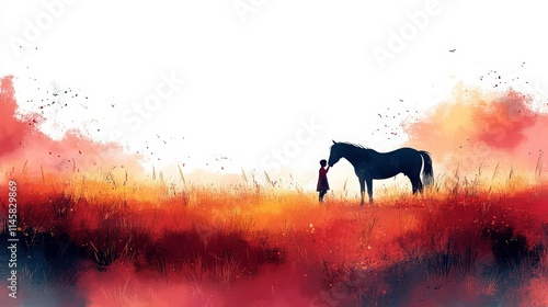 Serene Encounter Between a Child and a Majestic Horse in a Vibrant Sunset Landscape with Warm Hues of Orange and Red Creating a Dreamlike Atmosphere