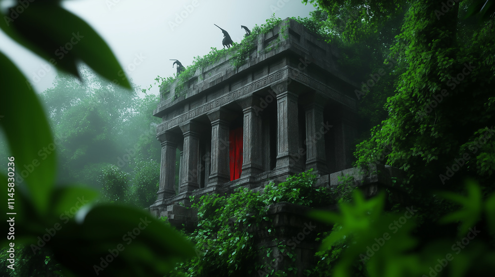 Enigmatic Stone Temple Overgrown by Lush Jungle Foliage in Misty Atmosphere Enigmatic Stone Temple Overgrown by Lush Jungle Foliage in Misty Atmosphere