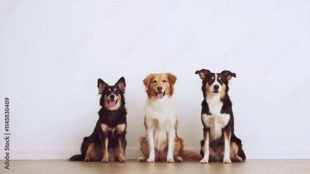 Three dogs sitting and posing in front of white wall Three dogs sitting and posing in front of white wall