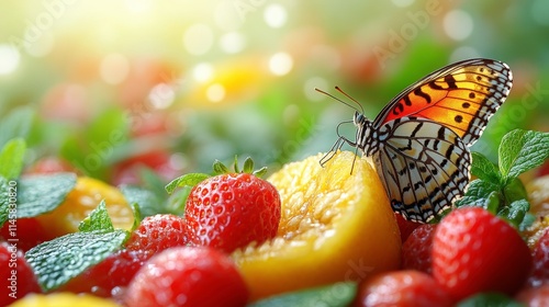Vibrant Butterfly Resting on Fresh Fruits with Strawberries and Citrus Slices Surrounded by Lush Green Mint Leaves and Soft Light