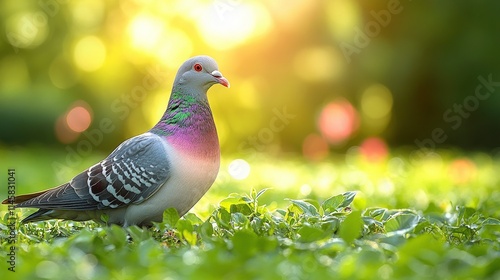 Vibrant Pigeon Standing on Lush Green Grass With a Glowing Background of Sunlight and Soft Bokeh Effects in a Peaceful Natural Setting