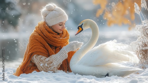 Woman in warm clothing interacts with swan in a snowy landscape, surrounded by gentle falling snowflakes and soft autumn colors, evoking tranquility and nature's beauty.