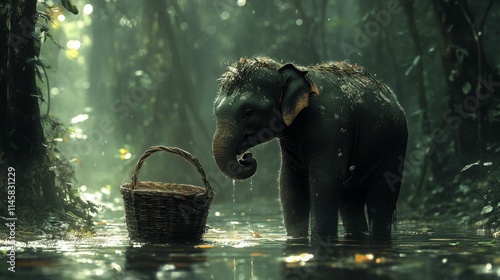 Young elephant standing in lush forest water beside a woven basket, surrounded by greenery and beams of sunlight filtering through trees, creating a serene atmosphere
