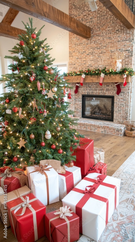 Obraz premium Festive Living Room with Christmas Tree and Wrapped Gifts