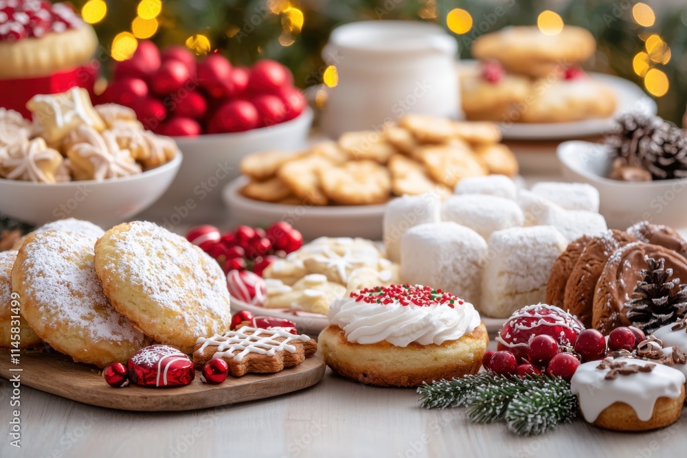 Festive Holiday Dessert Table with Cookies and Sweet Treats Festive Holiday Dessert Table with Cookies and Sweet Treats