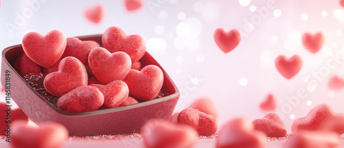 Sweet heart shaped candies in bowl with sparkling background