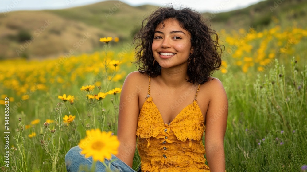 Happy young woman sitting in a field of yellow flowers, smiling at the camera. Happy young woman sitting in a field of yellow flowers, smiling at the camera.