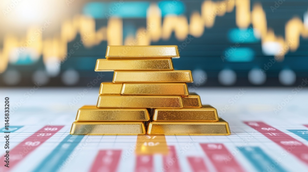 A close-up of stacked gold bars in front of a financial chart, symbolizing investment and wealth. A close-up of stacked gold bars in front of a financial chart, symbolizing investment and wealth.
