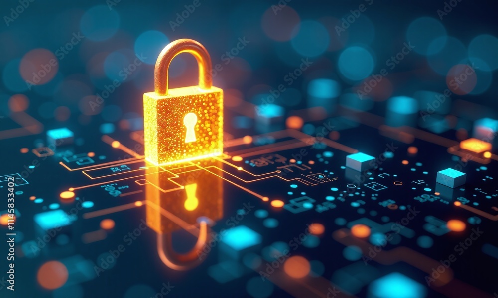 Glowing digital padlock cybersecurity concept golden holographic lock Glowing digital padlock cybersecurity concept golden holographic lock