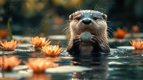 Otter holding a stone in water lilies. photo