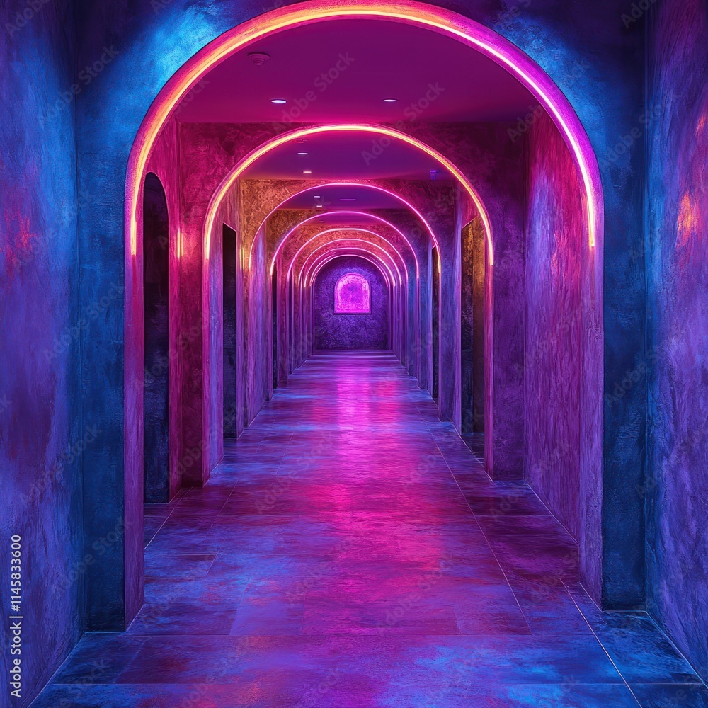Neon-lit hallway with arched doorways and vibrant purple and blue walls. Neon-lit hallway with arched doorways and vibrant purple and blue walls.
