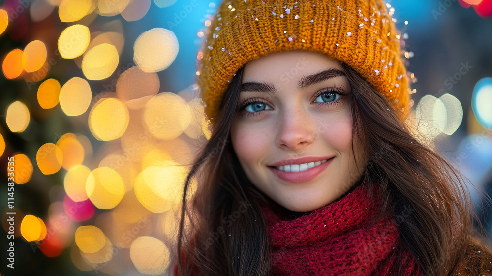Young woman with bright smile wearing festive hat and scarf in winter setting. Young woman with bright smile wearing festive hat and scarf in winter setting.