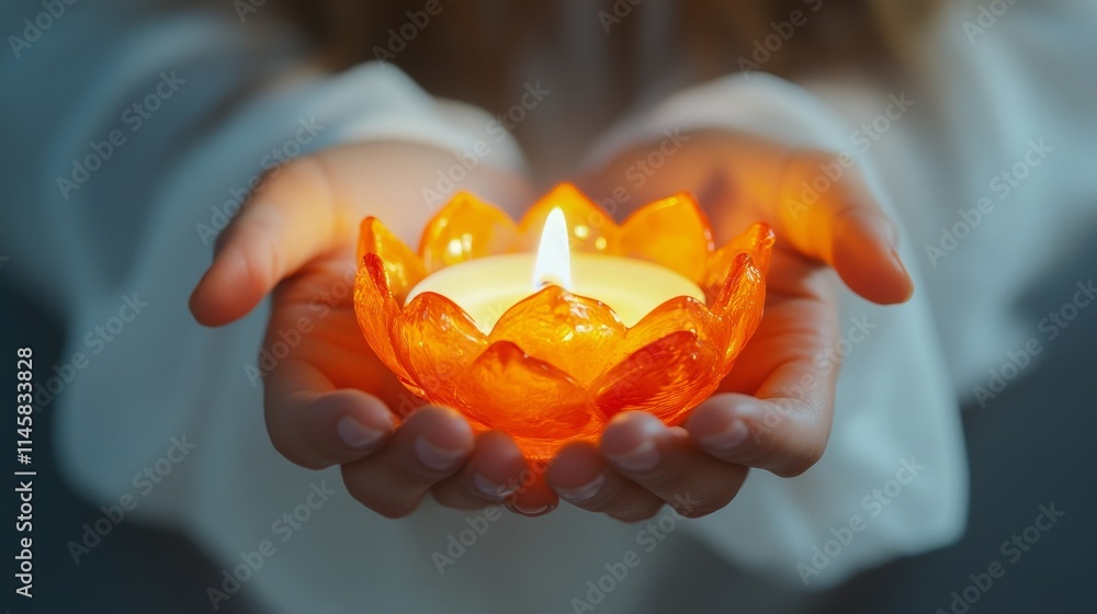 53.A glowing candle in an orange, lotus-shaped glass holder gently placed on a woman's extended hands, with her white, soft-focused clothing creating a serene and intimate background. The orange glow 53.A glowing candle in an orange, lotus-shaped glass holder gently placed on a woman's extended hands, with her white, soft-focused clothing creating a serene and intimate background. The orange glow