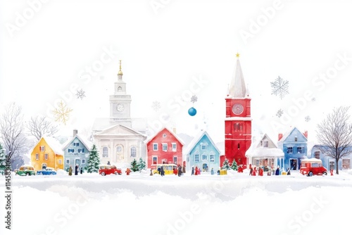 Winter Village Scene with Colorful Houses and Snowy Landscape