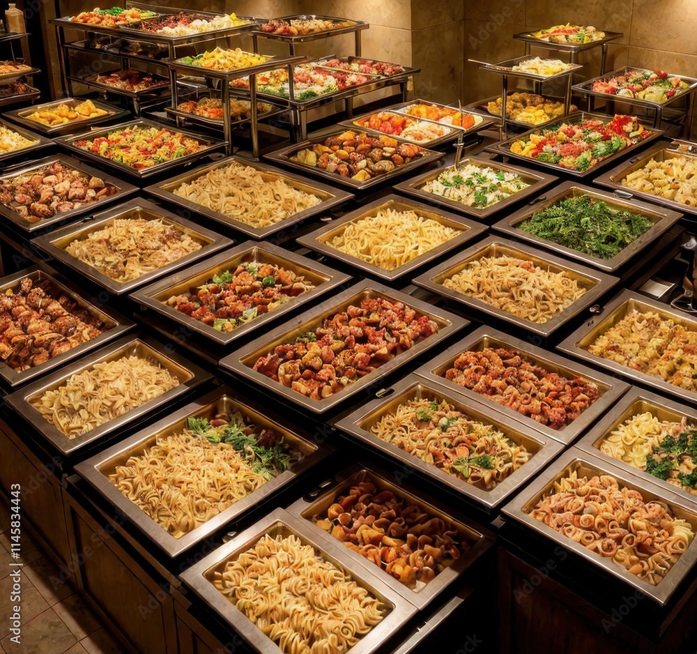 A buffet display featuring a variety of pasta dishes and ingredients. A buffet display featuring a variety of pasta dishes and ingredients.