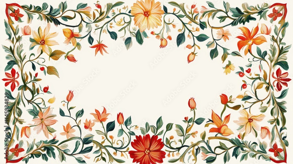Obraz premium 56.An intricate Indian Mughal-style decorative garden frame designed with symmetrical floral patterns and ornate vine details, perfect for a wedding invitation. The frame features lush, repeating