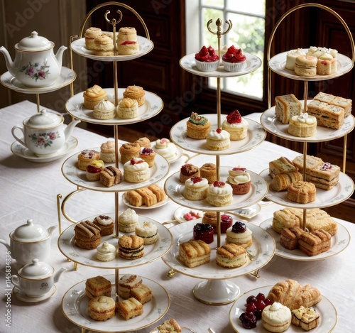Wallpaper Mural A tiered display of assorted pastries and tea set, perfect for an afternoon tea gathering. Torontodigital.ca