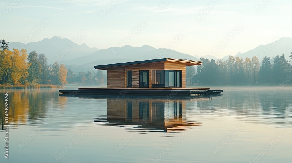 Fototapeta premium Serene Lakeside Cabin: Modern Architecture in Autumnal Landscape