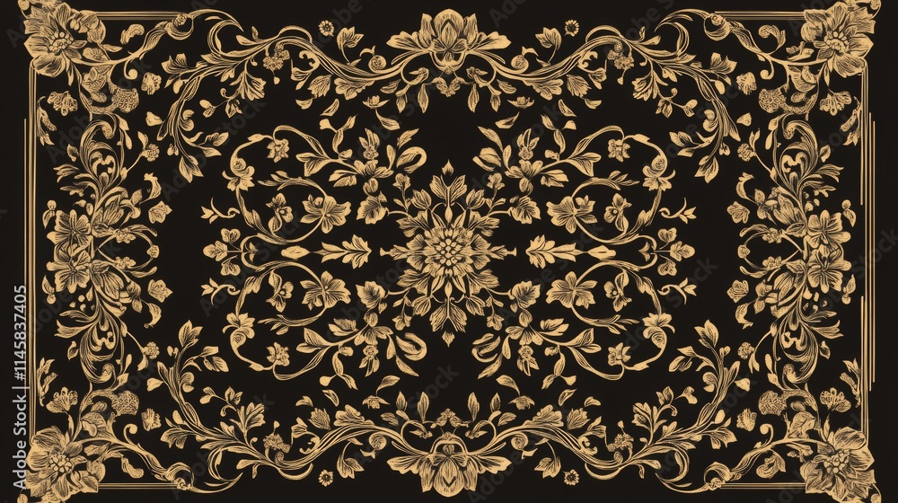 Fototapeta premium 69.A Mughal garden-inspired vector frame with detailed floral and vine motifs, perfect for wedding invitation designs. The intricate pattern features ornamental elements arranged symmetrically,