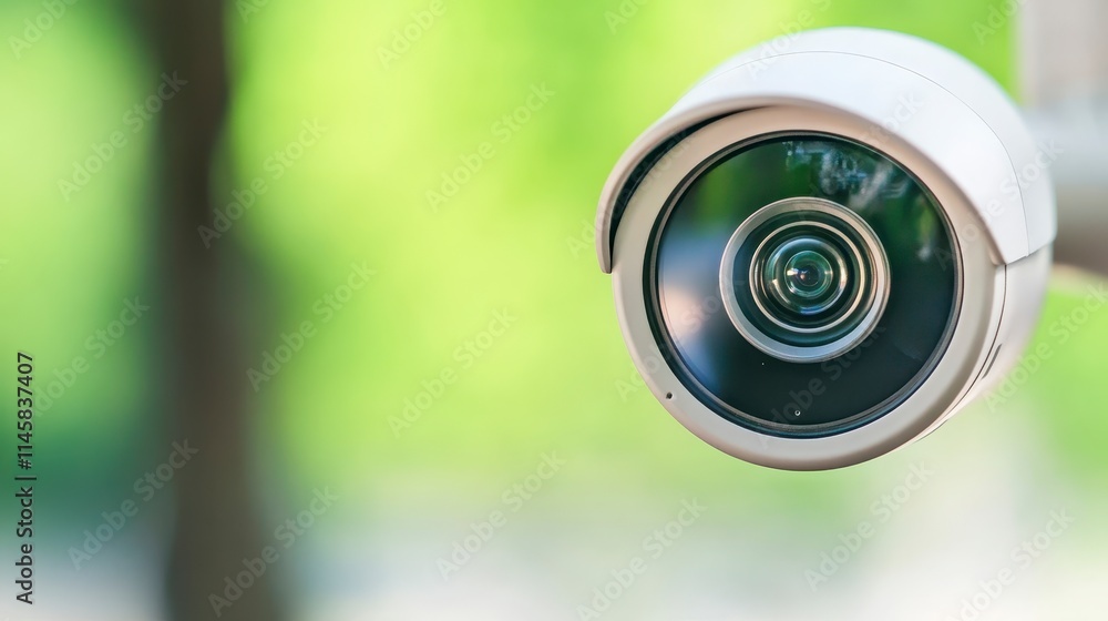 A close-up view of a security camera lens, showcasing its detailed design against a green, blurred background.