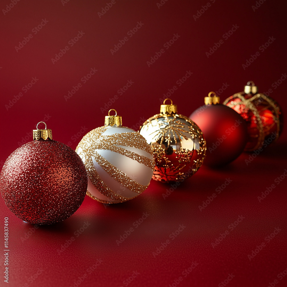A collection of exquisite Christmas balls in red and gold tones on a deep red background. The festive composition reflects the spirit of Christmas and New Year A collection of exquisite Christmas balls in red and gold tones on a deep red background. The festive composition reflects the spirit of Christmas and New Year
