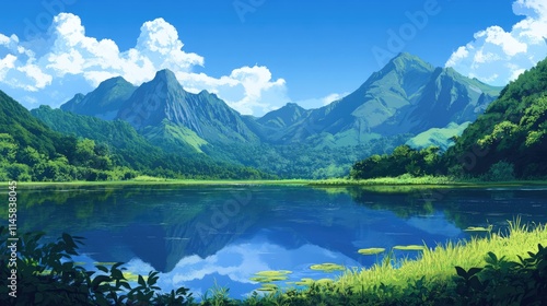 Tranquil mountain landscape with vibrant greenery and a reflective calm lake beneath a bright blue sky and fluffy white clouds