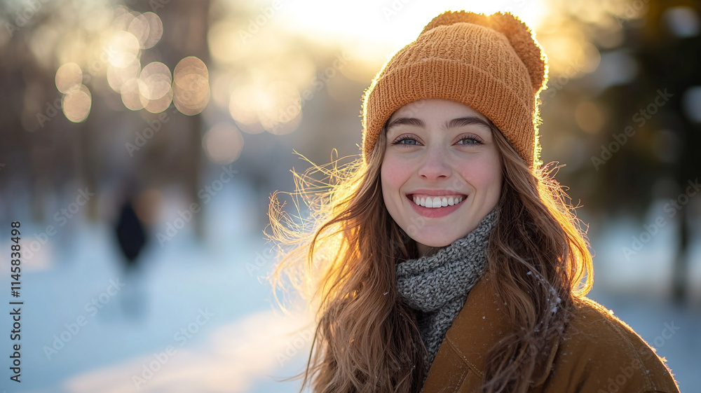 Joyful woman smiling in winter park with sunlight illuminating her face. Joyful woman smiling in winter park with sunlight illuminating her face.