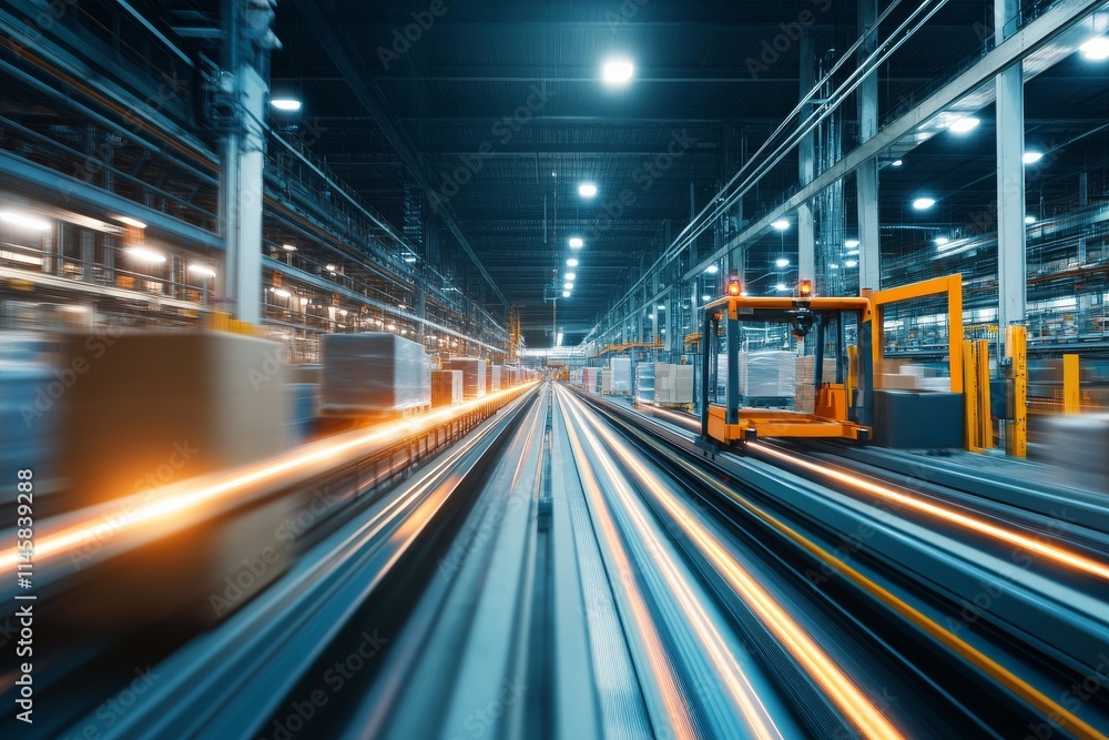Movement of automated transport in a large warehouse showcases modern logistics operations Movement of automated transport in a large warehouse showcases modern logistics operations